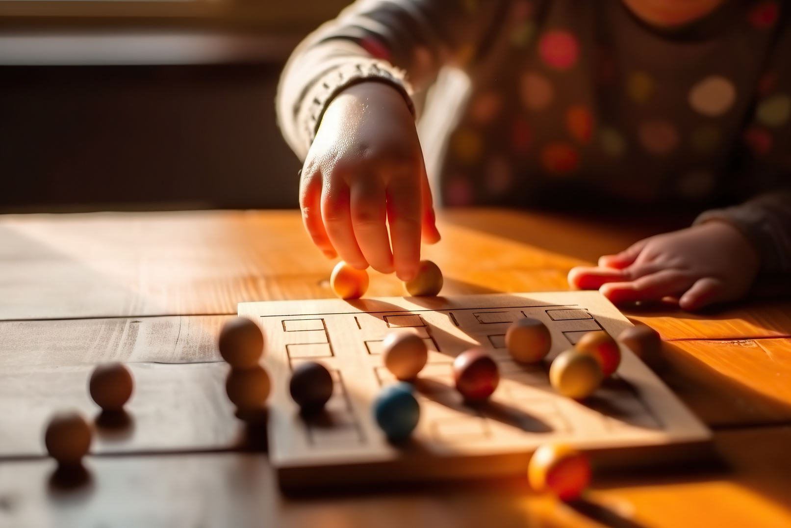 Little girl playing board game at home. Early development and le